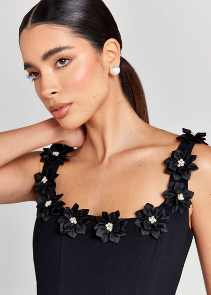 Damen Mini Kleid – Figurbetontes Oberteil – A-Linie – Ärmellos mit Blumen-Dekolleté