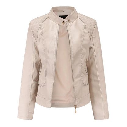 Damen Lederjacke – Slim Fit – Stehkragen – Gesteppt – Zipper-Taschen – Kurzform