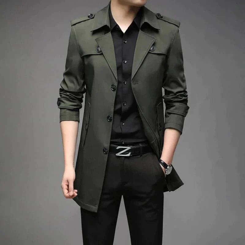 Herren Trenchcoat – Slim Fit – Einreiher – Strukturierter Schnitt – Schulterriegel
