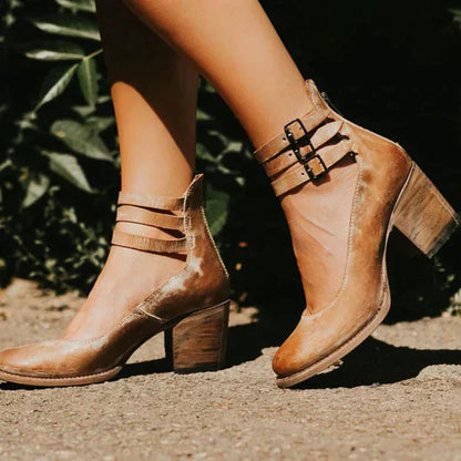 Damen Blockabsatz Pumps – Runde Spitze – Doppelriemen mit Schnalle – Eleganter Look