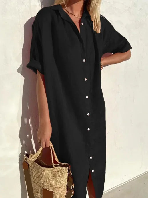 Damen Shirtkleid – Lockere Passform – Natürliche Fasern – Knopfleiste – Midi-Länge