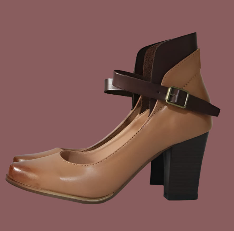 Damen Blockabsatz Schuhe – Geschlossene Spitze – Knöchelriemen – Elegante Struktur