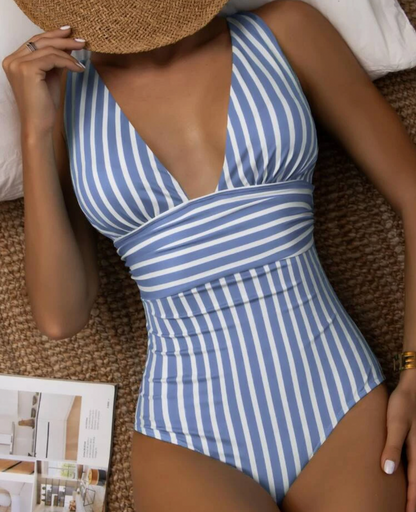 Damen Badeanzug – Figurformender Stretch – V-Ausschnitt – Raffung – Streifenmuster