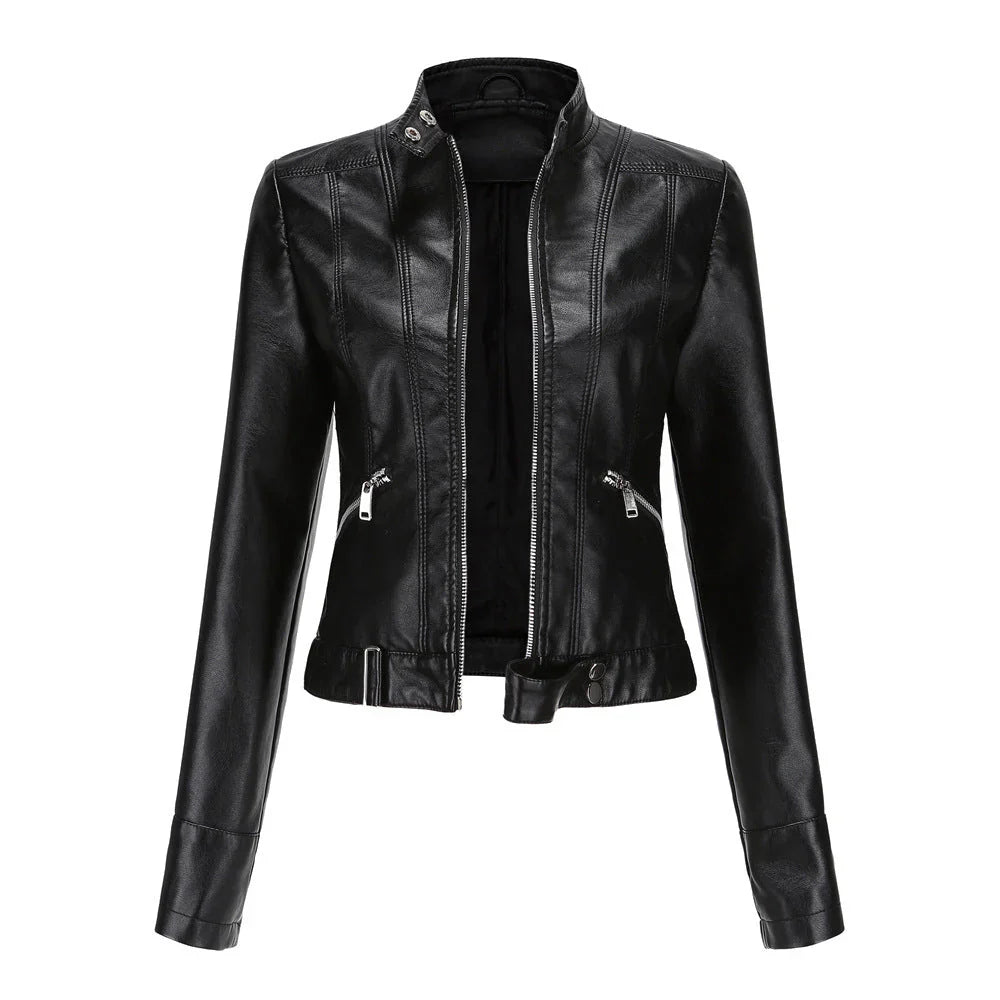 Damen Lederjacke – Slim Fit – Zipperfront – Stehkragen – Taillenlänge – Ziertaschen
