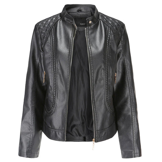 Damen Lederjacke – Slim Fit – Stehkragen – Gesteppt – Zipper-Taschen – Kurzform