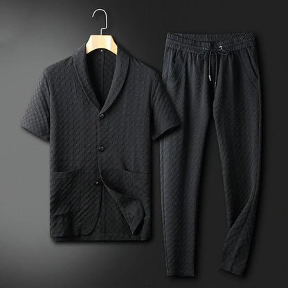 Herren Lounge Set – Lockerer Schnitt – Atmungsaktives Gewebe – Kurzarm mit Kordelzughose