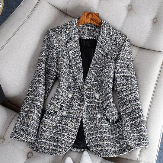 Damen Blazer – Taillierter Schnitt – Tweedoptik – Doppelreihig – Klassisches Revers