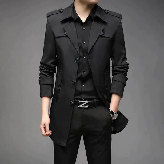 Herren Trenchcoat – Slim Fit – Einreiher – Strukturierter Schnitt – Schulterriegel