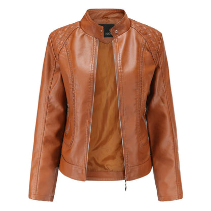 Damen Lederjacke – Slim Fit – Stehkragen – Gesteppt – Zipper-Taschen – Kurzform
