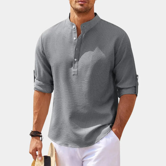 Herren Freizeithemd – Relaxed Fit – Stehkragen – Atmungsaktive Naturfasern