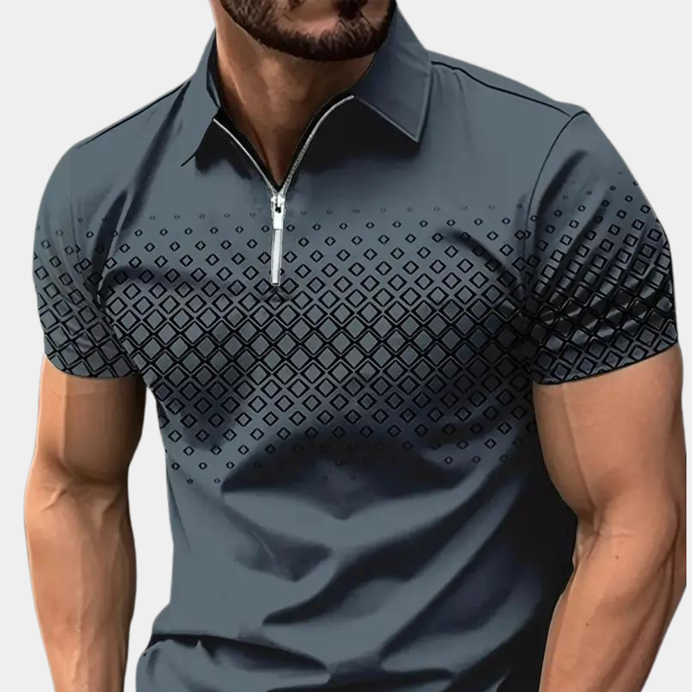 Herren Poloshirt – Slim Fit – Atmungsaktives Material – Zipperkragen – Geometrisches Muster