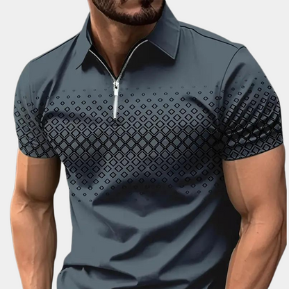 Herren Poloshirt – Slim Fit – Atmungsaktives Material – Zipperkragen – Geometrisches Muster