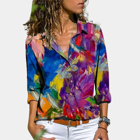 Damen Bluse – Lockere Passform – Klassischer Kragen – Abstraktes Muster – Krempelärmel