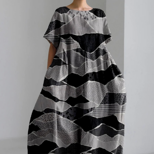 Damen Maxikleid – Oversized Passform – Naturfasern – Künstlerisches Muster