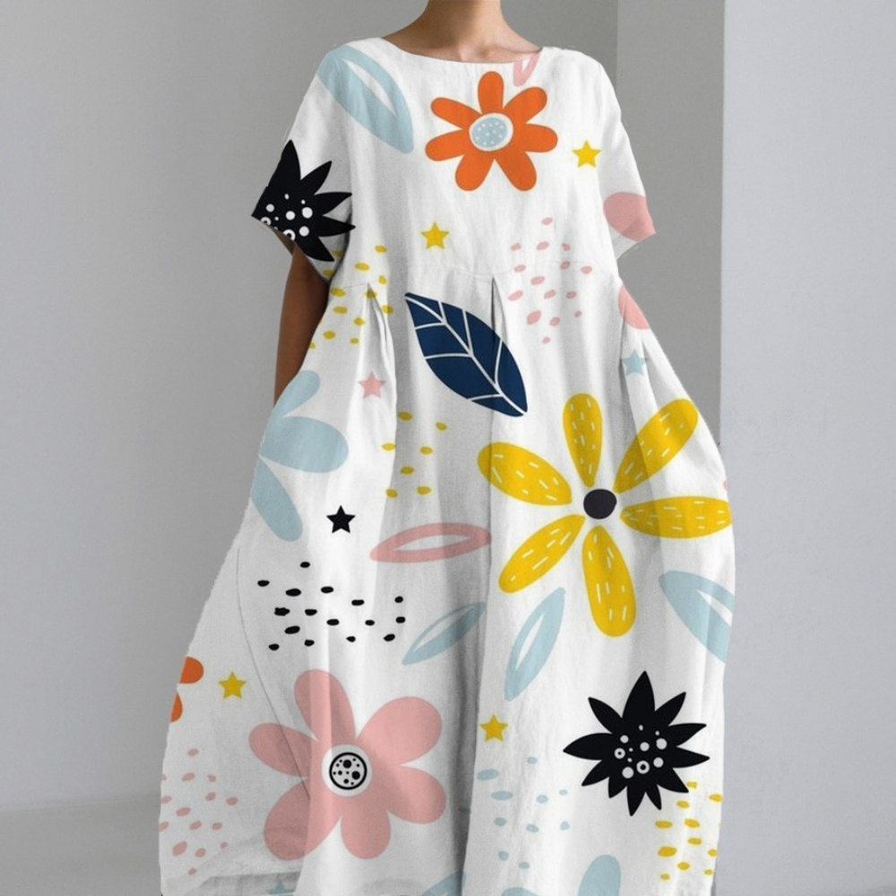 Damen Maxikleid – Oversized Passform – Naturfasern – Künstlerisches Muster