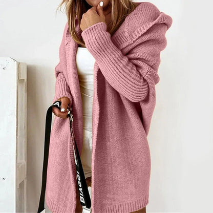 Damen Strickjacke – Oversized Passform – Wollstrick – Kapuze – Offene Front
