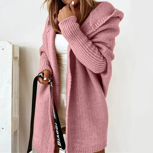 Damen Strickjacke – Oversized Passform – Wollstrick – Kapuze – Offene Front