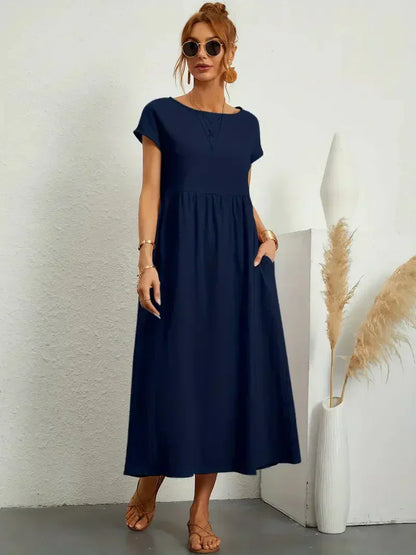 Damen Maxikleid – Lockerer Schnitt – Kurzarm – Geraffte Taille – Atmungsaktiver Stoff