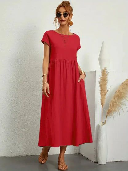 Damen Maxikleid – Lockerer Schnitt – Kurzarm – Geraffte Taille – Atmungsaktiver Stoff