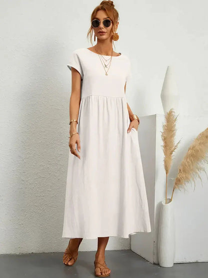 Damen Maxikleid – Lockerer Schnitt – Kurzarm – Geraffte Taille – Atmungsaktiver Stoff