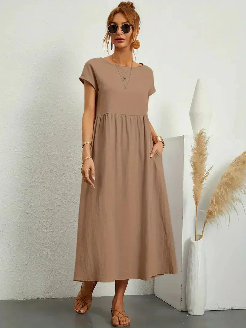 Damen Maxikleid – Lockerer Schnitt – Kurzarm – Geraffte Taille – Atmungsaktiver Stoff