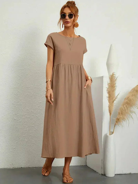Damen Maxikleid – Lockerer Schnitt – Kurzarm – Geraffte Taille – Atmungsaktiver Stoff