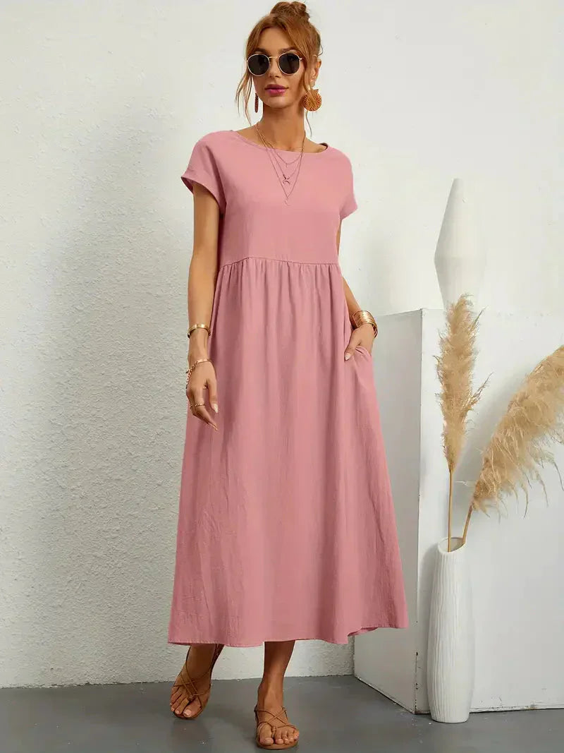 Damen Maxikleid – Lockerer Schnitt – Kurzarm – Geraffte Taille – Atmungsaktiver Stoff