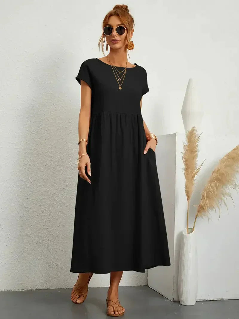 Damen Maxikleid – Lockerer Schnitt – Kurzarm – Geraffte Taille – Atmungsaktiver Stoff