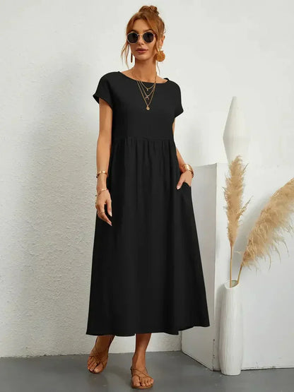 Damen Maxikleid – Lockerer Schnitt – Kurzarm – Geraffte Taille – Atmungsaktiver Stoff
