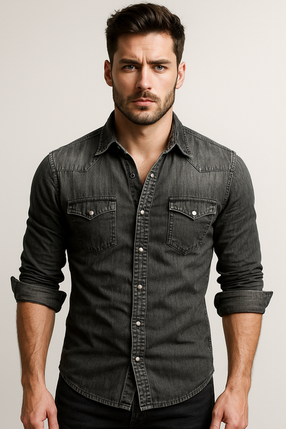 Herren Jeanshemd – Slim Fit – Druckknopfleiste – Brusttaschen – Atmungsaktive Qualität