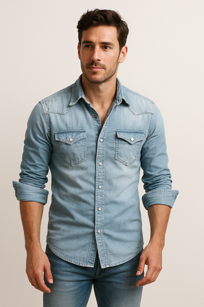Herren Jeanshemd – Slim Fit – Druckknopfleiste – Brusttaschen – Atmungsaktive Qualität
