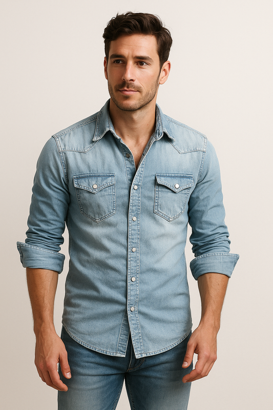 Herren Jeanshemd – Slim Fit – Druckknopfleiste – Brusttaschen – Atmungsaktive Qualität