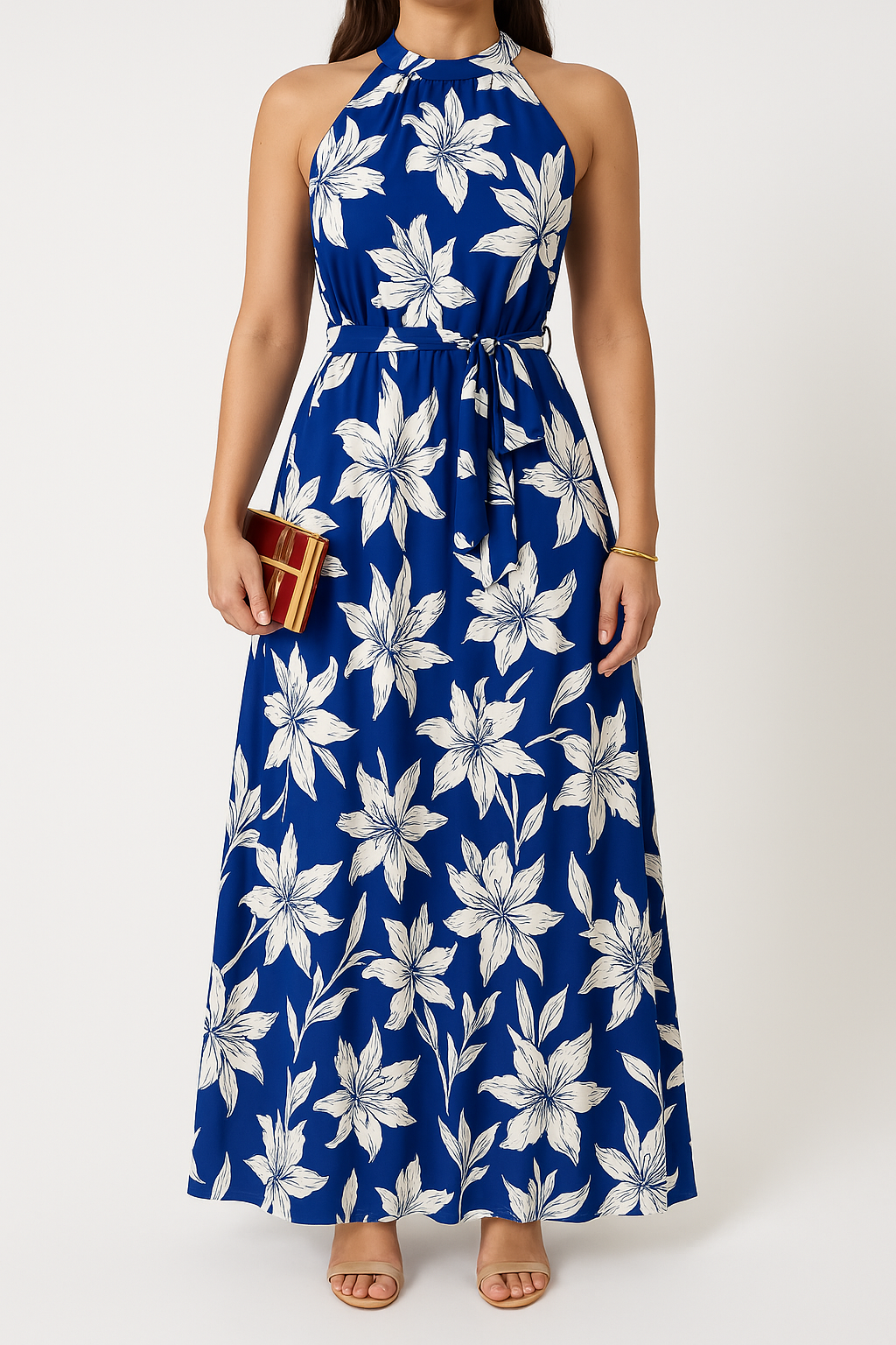 Damen Maxikleid – Halterneck – Blumenmuster – Rüschen-Saum – Taillenbindung – Elegante Passform