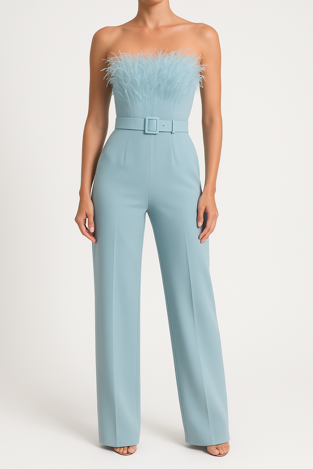 Damen Jumpsuit – Schulterfrei mit Federn – Taillengürtel – Weites Bein – Elegant