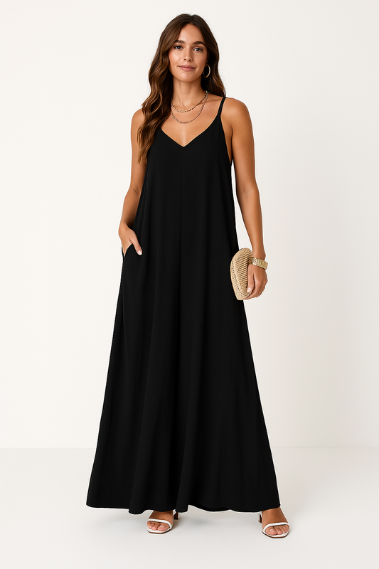 Damen Maxikleid – A-Linie – V-Ausschnitt – Spitzendetails – Leichter Baumwollmix