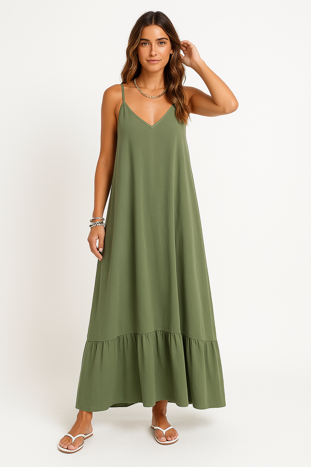 Damen Maxikleid – A-Linie – V-Ausschnitt – Spitzendetails – Leichter Baumwollmix