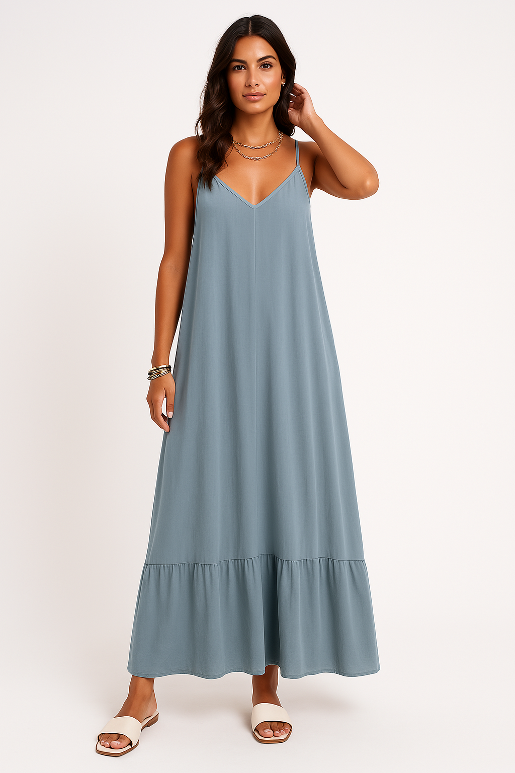 Damen Maxikleid – A-Linie – V-Ausschnitt – Spitzendetails – Leichter Baumwollmix