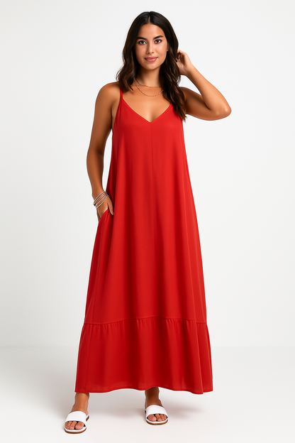 Damen Maxikleid – A-Linie – V-Ausschnitt – Spitzendetails – Leichter Baumwollmix