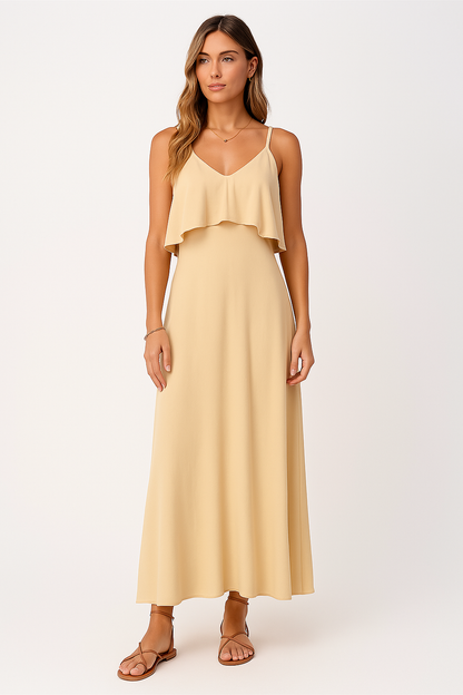 Damen Slipdress – Fließende Passform – Rüschenkragen – Verstellbare Träger – Maxilänge
