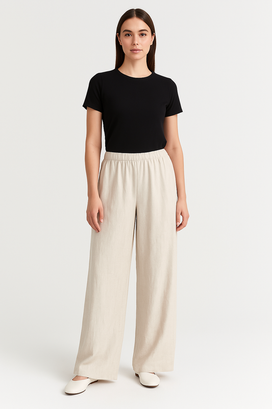Damen Weite Hose – Linnen-Optik – Elastischer Bund – Lockerer Schnitt – Lang
