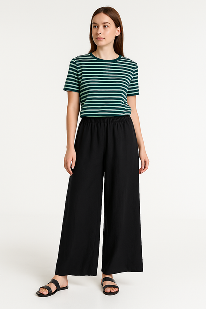 Damen Weite Hose – Linnen-Optik – Elastischer Bund – Lockerer Schnitt – Lang
