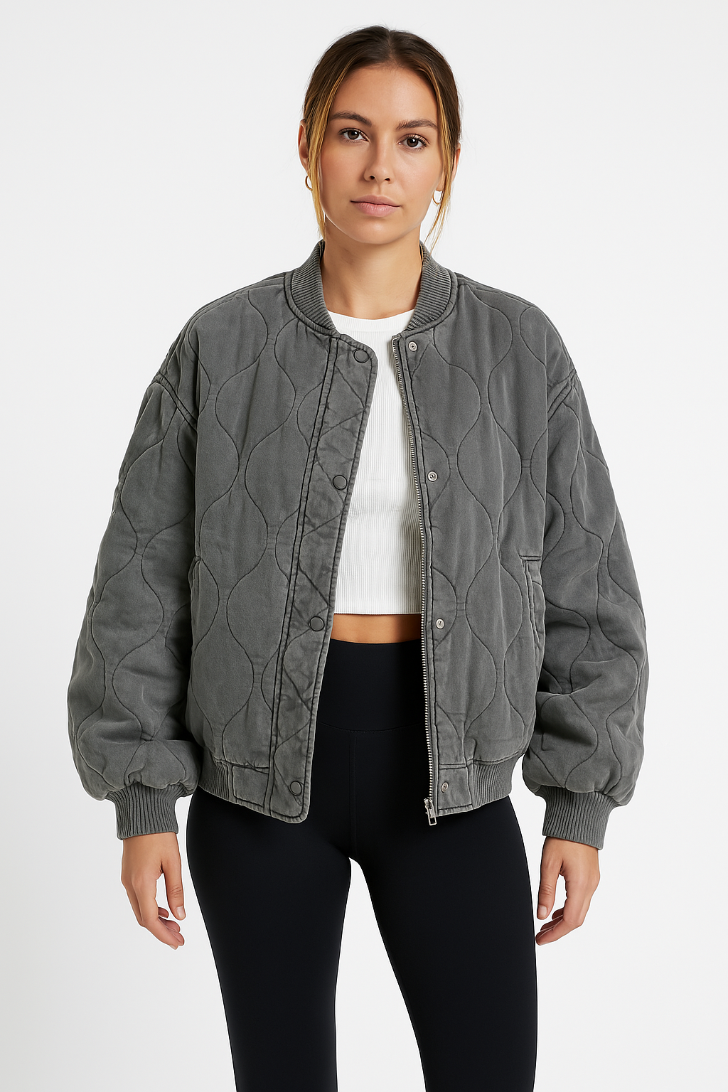 Damen Bomberjacke – Oversized Fit – Gestepptes Design – Mit Rippbündchen und Taschen