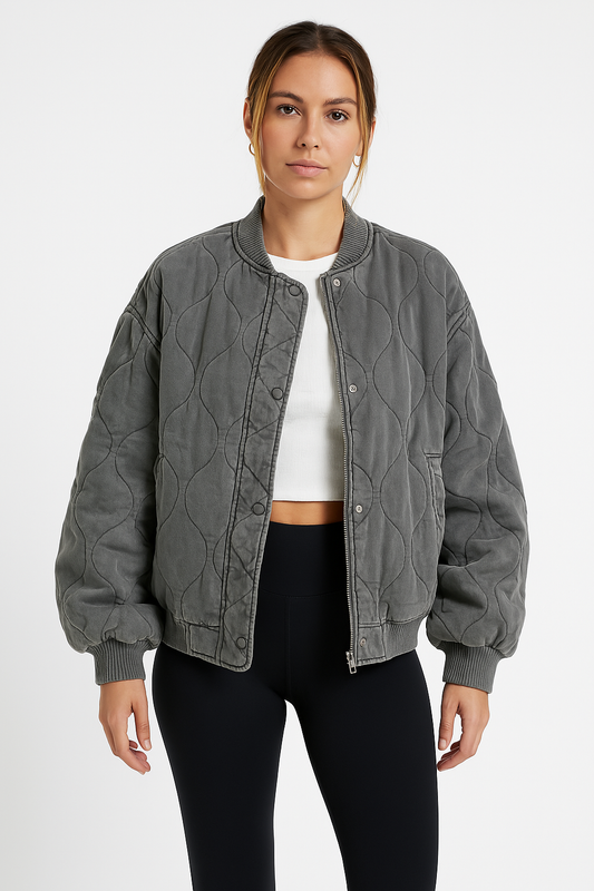 Damen Bomberjacke – Oversized Fit – Gestepptes Design – Mit Rippbündchen und Taschen