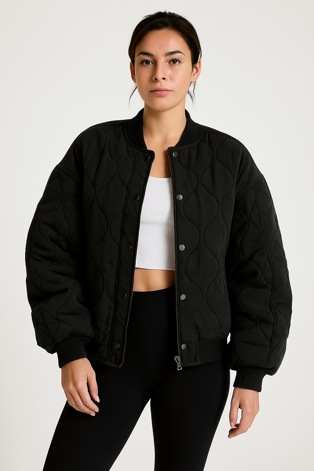 Damen Bomberjacke – Oversized Fit – Gestepptes Design – Mit Rippbündchen und Taschen