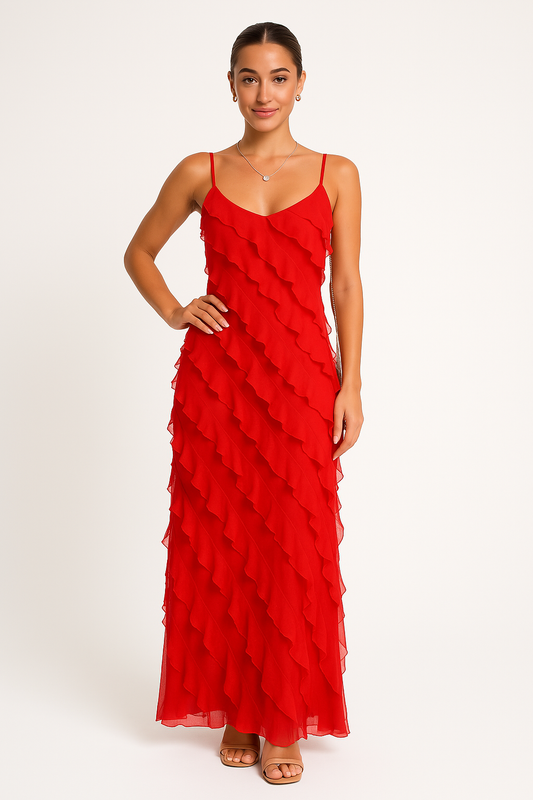 Damen Maxikleid – Schlanke Passform – Rüschen – Spaghettiträger – Eleganter Fall
