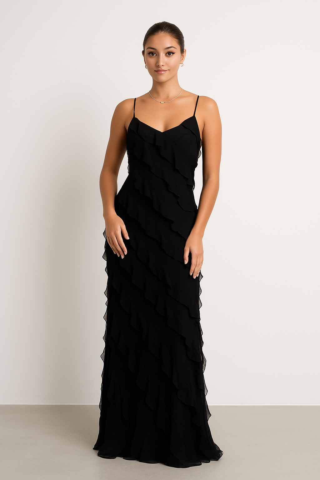 Damen Maxikleid – Schlanke Passform – Rüschen – Spaghettiträger – Eleganter Fall