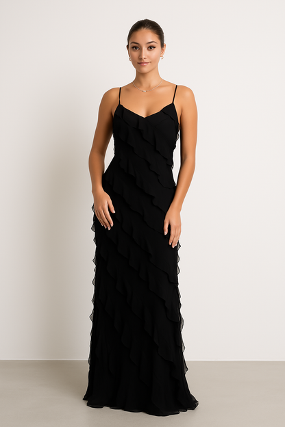Damen Maxikleid – Schlanke Passform – Rüschen – Spaghettiträger – Eleganter Fall