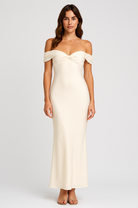 Damen Maxikleid – Off Shoulder mit Rüschen – Figurbetont – Glänzender Satin-Look