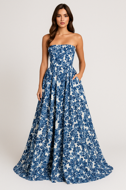 Damen Maxikleid – Schulterfrei – Figurbetontes Oberteil – Eleganter A-Linien Schnitt