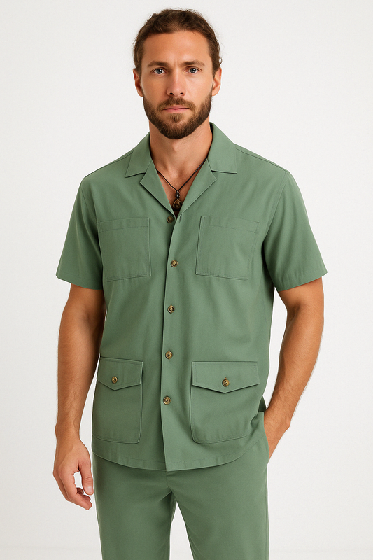 Herren Kurzarmhemd – Relaxed Fit – Natürliche Fasern – 4 Taschen – Reverskragen